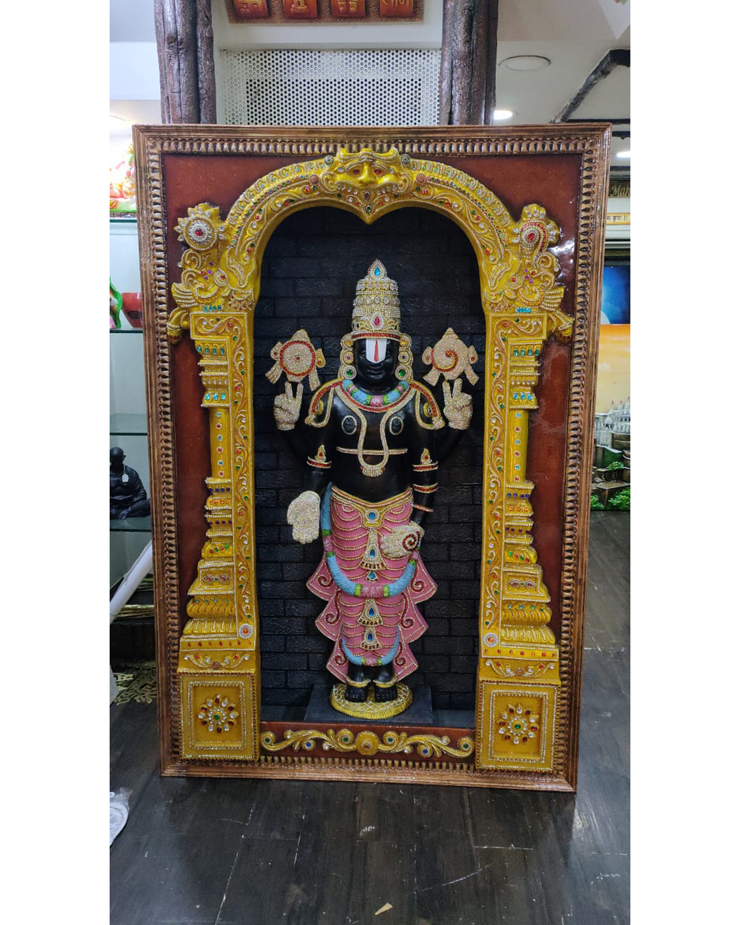 Riddhi Siddhi Art Creations - Black Wood Gold Accent Balaji Shrine Mural